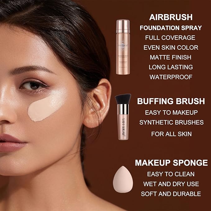 AirBrush Foundation Spray Set, Spray Foundation Makeup and Hydrating Face Primer Kit, Longwear Waterproof Liquid Matte Foundation Mist for Flawless Look, Brush and Sponge Include (#4 Warm Beige)