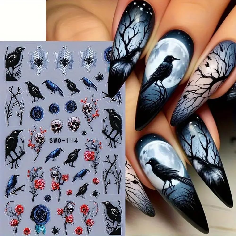 2Pcs Halloween 5D Nail Art Stickers - Black Red Roses Crow Skulls & Black Cats Nail Decals with Stars Design, Self-Adhesive Matte Finish for DIY Nail Decor, Punk Style Party Halloween Decorations