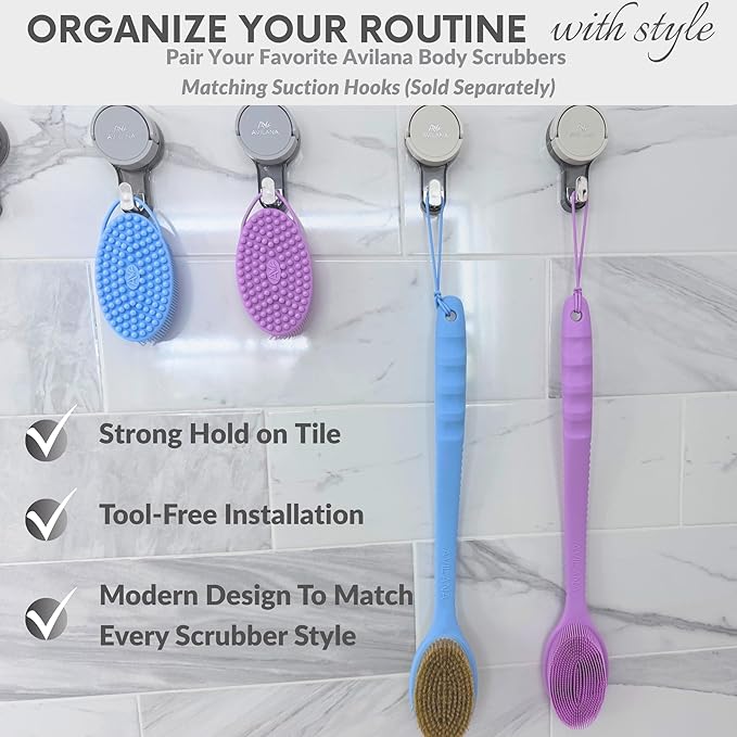 Avilana Silicone Body Scrubber – Gentle Shower Brush & Loofah Alternative- Food Grade & Lab Tested – Fast-Drying, Hygienic, BPA-Free Silicone Body Gentle Exfoliator (Lavender, Long Handle)