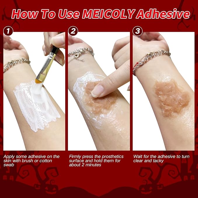 MEICOLY 7PCS Halloween Special Effects SFX Makeup Kit for Theatre Stage Performance,Scar Wax+Spatula Tool+Coagulated Blood+Black Stipple Sponges+White Sponges+Black Tooth Paint+Scar Wax Adhesive