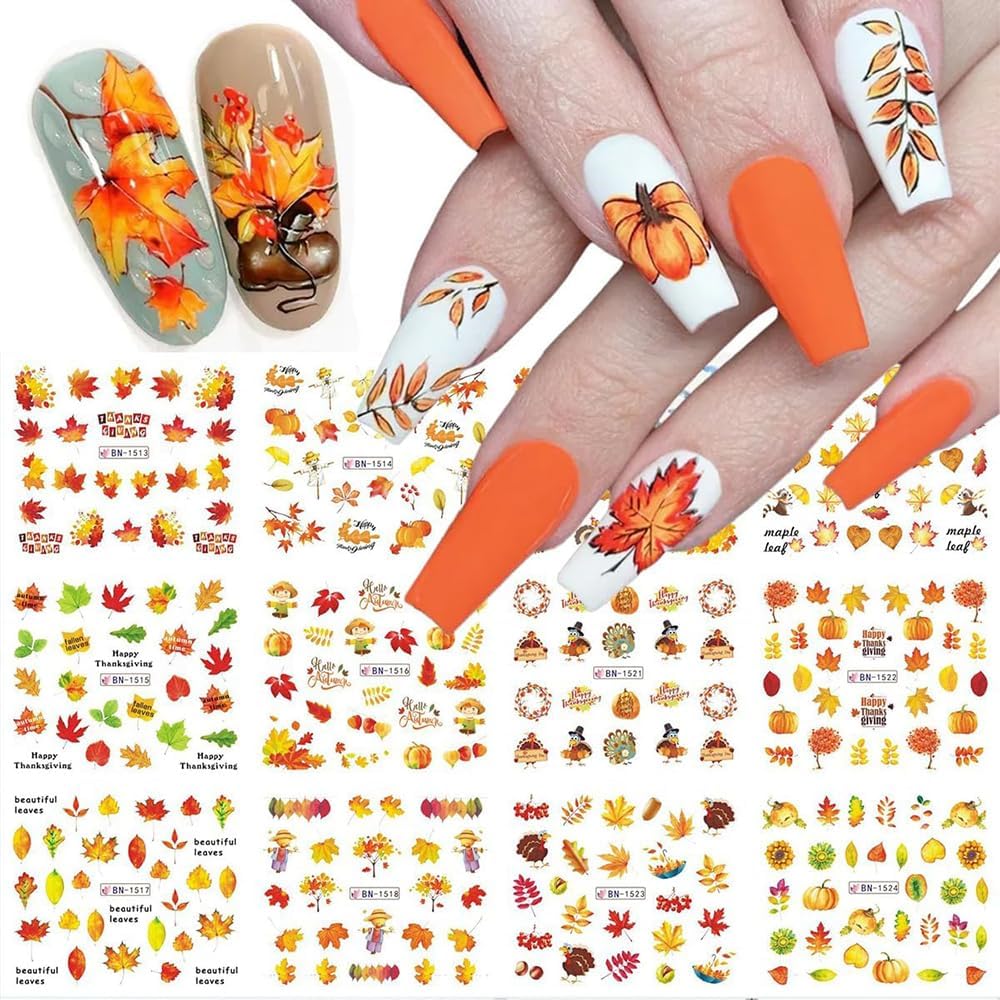 12 Sheets Fall Maple Leaf Nail Art Stickers Autumn Water Transfer Nail Decals Thanksgiving Day Nail Art Supplies Turkey Pumpkin Leaves Scarecrow Nail Design Slider Stickers for Women Nail Decorations