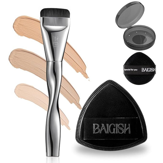 Makeup Sponge 1 Powder Puff +1 Smooth Foundation Brush for Liquid, Cream and Makeup,Super Soft, Makeup Blender, Latex Free Seamless Flawless Soft Setting Couple Set