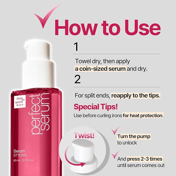 Mise En Scene Perfect Styling Serum for Heat Damage Protection - Hair Serum for holding Bounce, Hair Essence for Long Lasting Curl, Powdery Scent, with Argan Oils, 2.70 fl. Oz