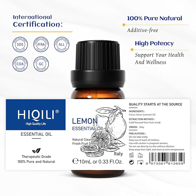 HIQILI Lemon Essential Oil, Household Cleaning, Air Purification, Skin Care, Can be Added to Cleansers, Sprays, Body Lotions Use - 0.33 Fl Oz/10ML