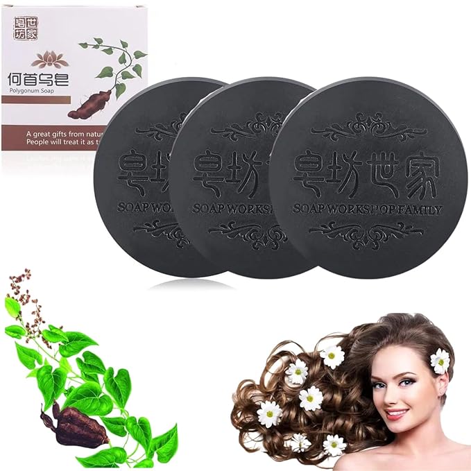 3PCS Hira Darkening Polygonum Shampoo Bar for Gray, Thinning Hair and Hair Growth (he shouwu) - Soap Bar