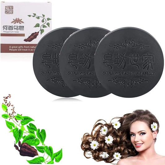 3PCS Hira Darkening Polygonum Shampoo Bar for Gray, Thinning Hair and Hair Growth (he shouwu) - Soap Bar