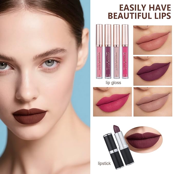 All in One Makeup Kit Makeup Kit for Women Full Kit Multipurpose Makeup ，eyeshadow、 liquid foundation,Loose powder,Eyebrow pencil,4-color lip gloss set