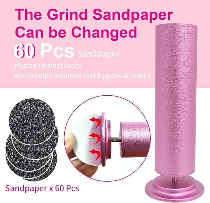 Electric Foot Callus Remover, Adjustable Foot Speed, Professional Foot Repair Tool, Equipped with 60 Pieces of Sandpaper, Suitable for Men and Women with Dead Skin calluses, Dry and Cracked, Pink