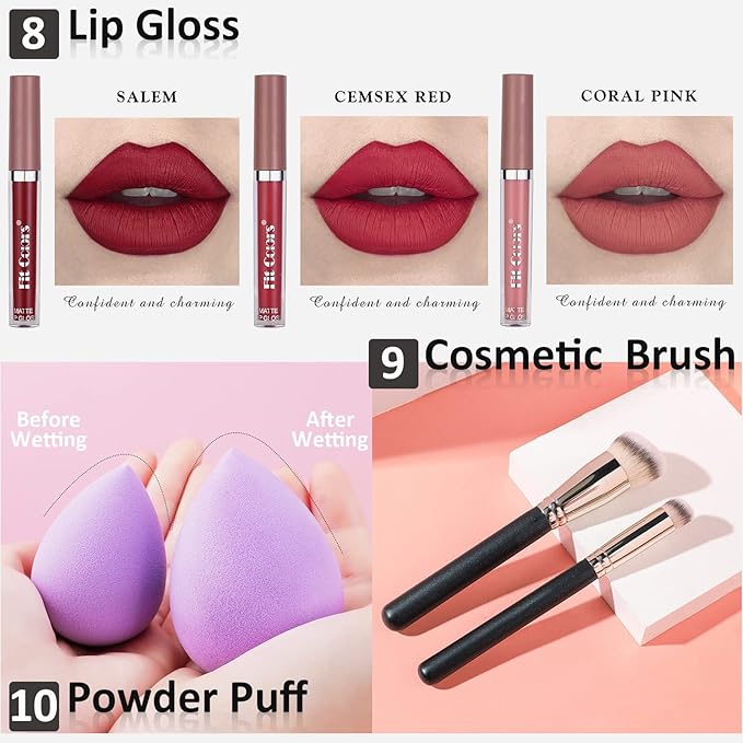 All In One Makeup Essential Starter Kit for Beginners or Pros, 18 Colors Naked Eyeshadow Palette Nude Face Primer, Brush, Sponge, Eyebrow Powder, Winged Eyeliner Stamp (SetA)
