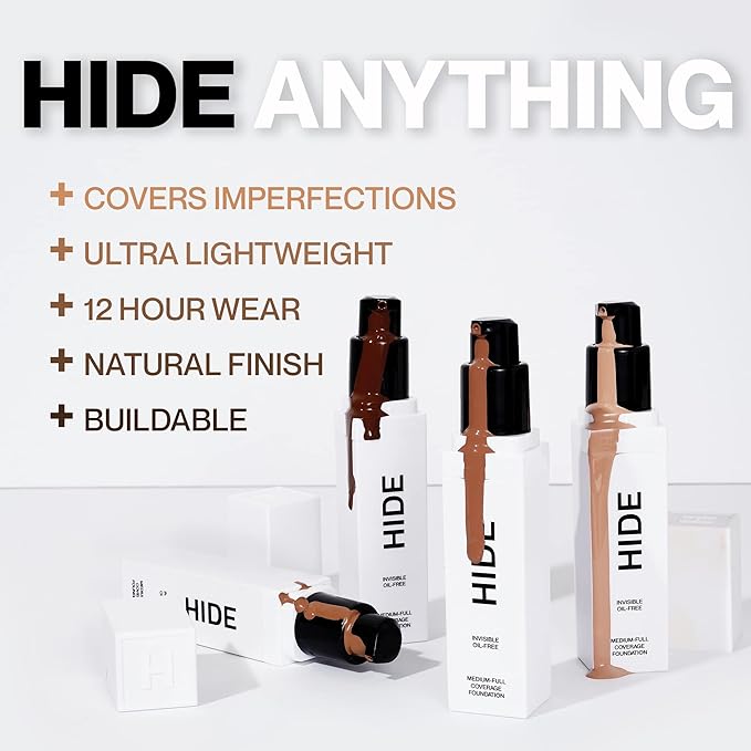 HIDE PREMIUM Liquid Foundation, Multi-Use Waterproof Foundation, Medium/Full Coverage Foundation, Shades for All Skin Types (See Shade Finder), Nude, 1 fl oz