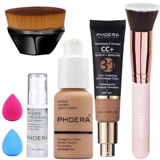 PHOERA Foundation, PHOERA CC+ Cream Color Correcting Anti Aging Hydrating Serum &SPF 25+, PHOERA Primer, PHOERA Makeup Set, Kabuki Makeup Brushes Foundation Brush Powder (105 Sand+ 160 Sand CC Cream)