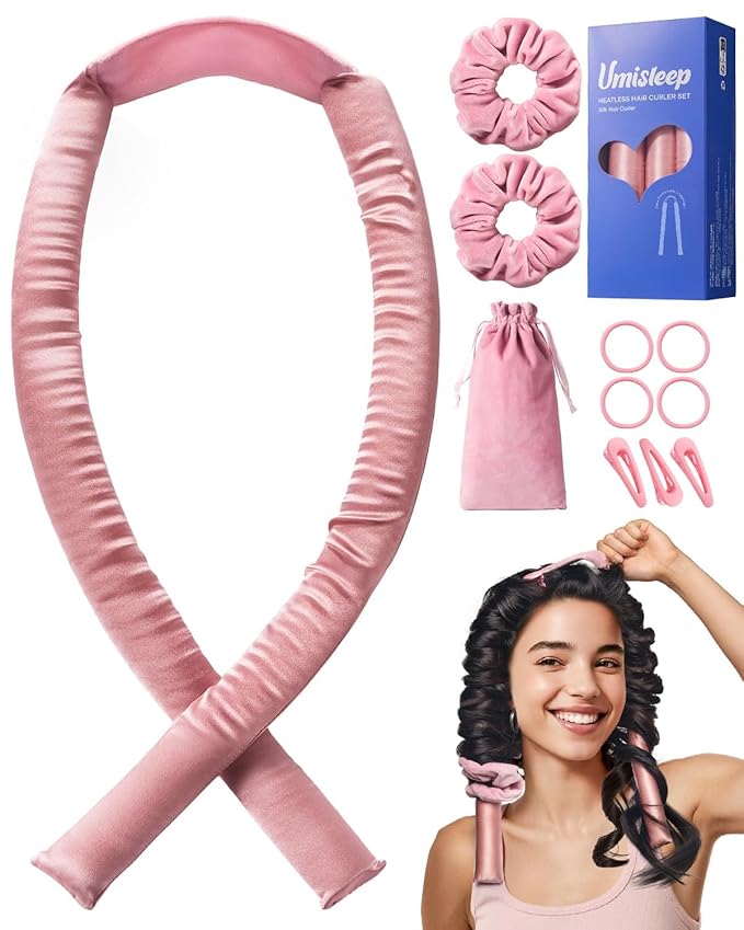 Umisleep 22 Momme 100% Mulberry Silk Heatless Hair Curler Set — Frizz-Free Hair Rollers for Women Long Hair, Overnight Heatless Curls, Upgraded Soft Flat Design with Clips & Scrunchies, Pink