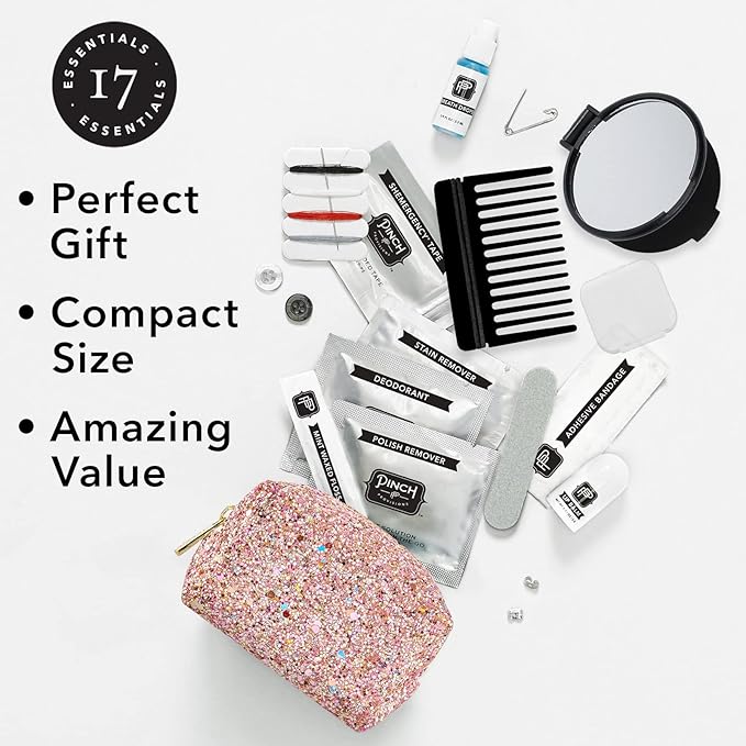 Pinch Provisions Rose Gold Minimergency Kit, includes 17 Travel-Sized Cosmetic Essentials, Convenient for Purses, Emergency Beauty Accessories, Gifts for Holiday’s & Birthday’s