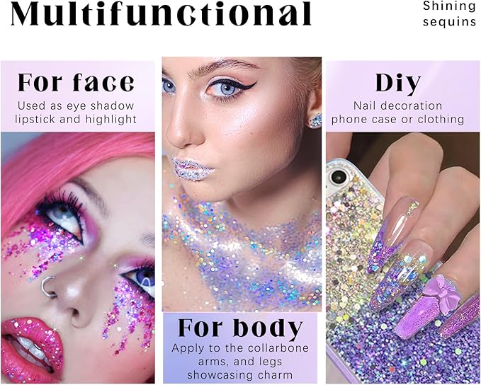 2 Colors Roll-on Body Glitter Gel, Holographic Glitter Gel Under Light for Face Hair, Body Shimmer for Rave Accessories Christmas New Year Halloween Makeup (11+12)