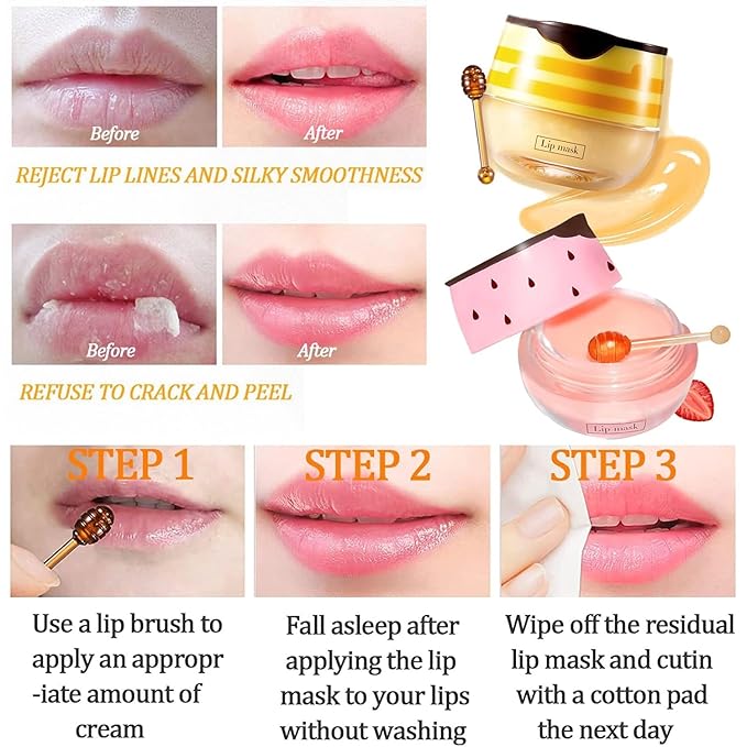2 PCS Strawberry Lip Mask Lip Balm Honey Pot, Vitamin E & Moisturizing Propolis Sleeping Lip Mask Prevention Dry and Cracked Lip Scrubs Exfoliator (2 strawberry)