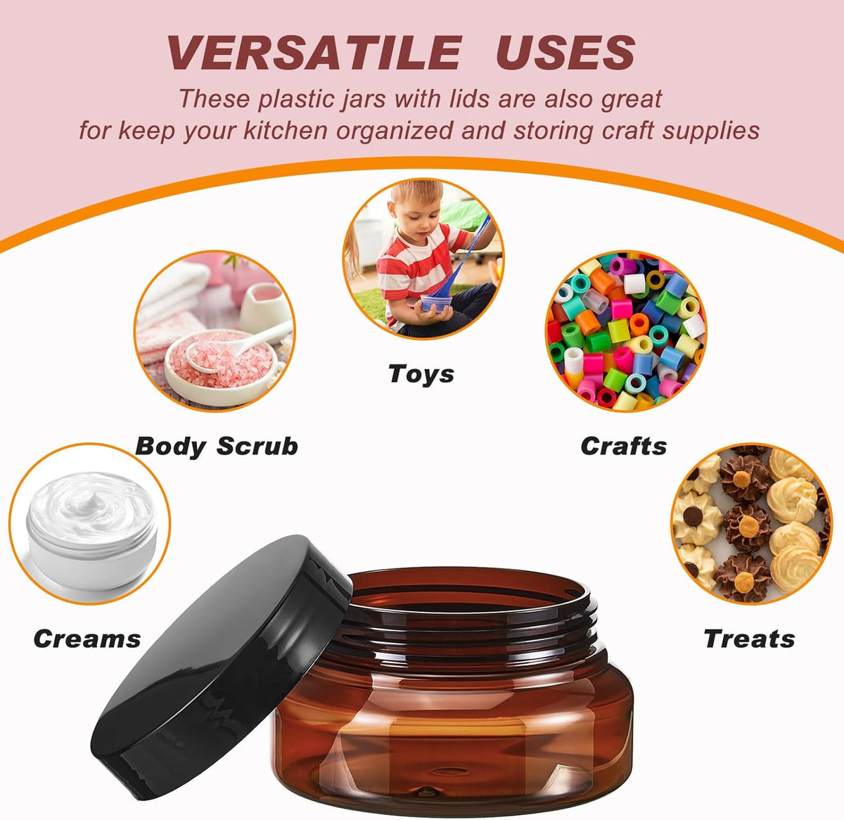 Tessco 48 Pcs Plastic Jars with Lids and Labels Body Scrub Jars Round Refillable Cosmetic Containers Empty Butter Travel Containers for Sugar Scrub Lotions Cosmetics Cream(5 oz,Brown)