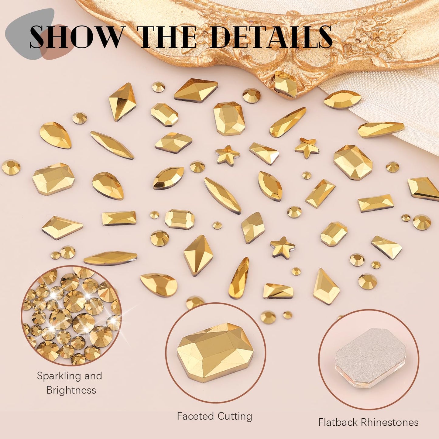3220Pcs Mineral Gold Glass Nail Rhinestones 120Pcs Multi Shapes Flatback Nail Gems + 3100Pcs 1.5-4mm Round Crystal with Rhinestones Glue Gel, Manicure Nail Charms Diamond Gemstone for Nail Art