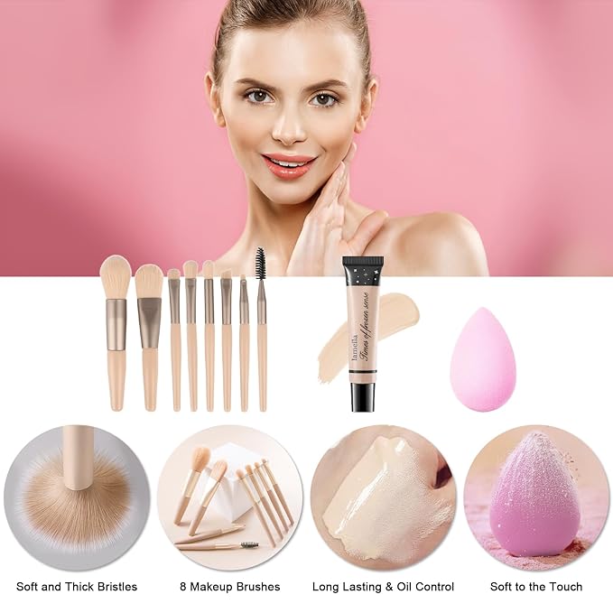 Makeup Kit for Teens Girls, Makeup Present Set for Women, Makeup Full Kit for Beginners, Mini Makeup Bundle Include 7 Latte colors Matte & Shimmer Pigmented Eyeshadow Palette, Eyebrow Powder