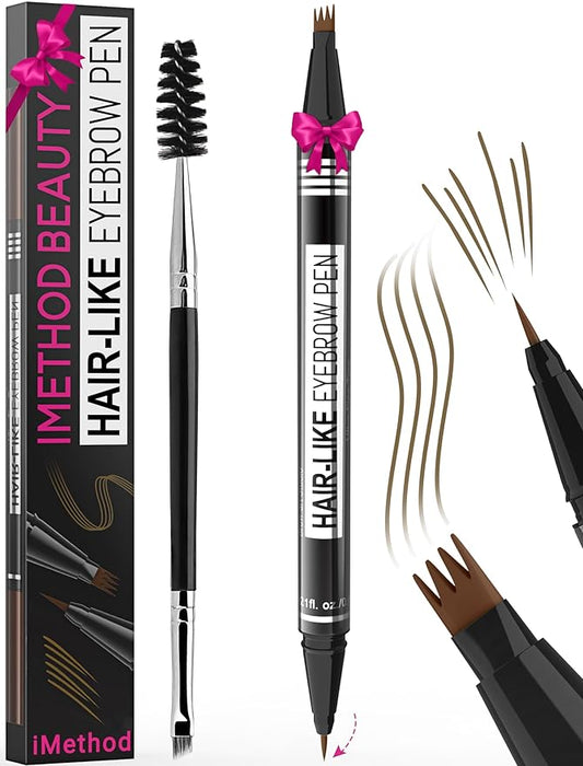 iMethod Eyebrow Pen - Eyebrow Pencil Magical 2-in-1 Eye Brow Pencils for Women with 4-Fork-Tip & Precise Brush-Tip for Natural Hair-Like Brows, Last All-Day, with Eyebrow Spoolie Brush, Brown