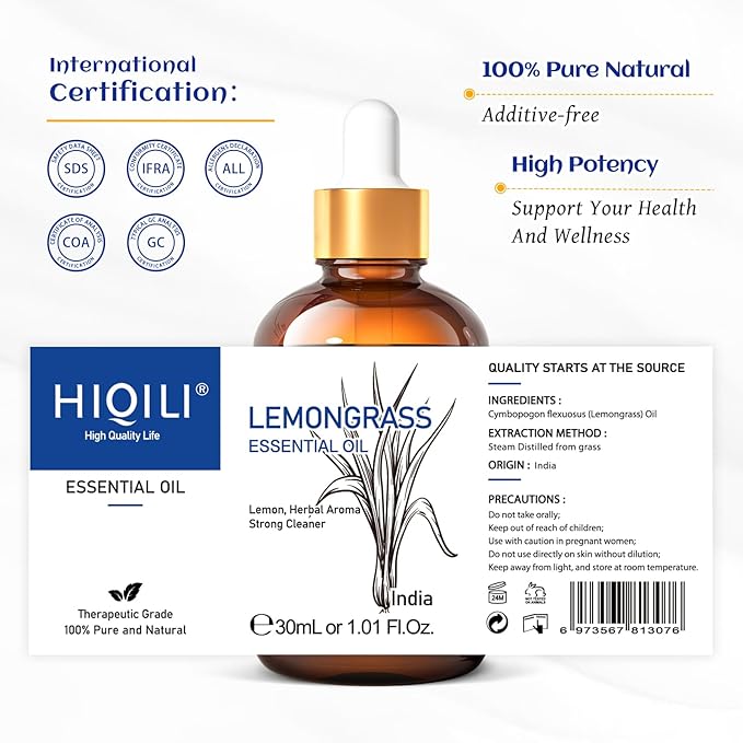 HIQILI 1 Fl Oz Lemongrass Essential Oil, 100% Pure Natural Undiluted for Diffuser, Hair - 30ml
