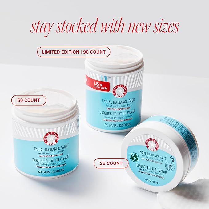 First Aid Beauty – Facial Radiance Pads with Glycolic & Lactic Acids, Daily Exfoliating with AHA that Helps Tone & Brighten Skin, Makeup Prep Pads, Compostable for Daily Use, 60 Count, 2ct