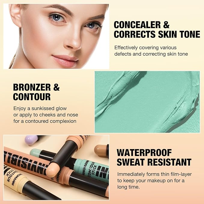 LANGMANNI Multi-Use Face Contour Stick,Highlighter & Concealer Stick, Combo Use For Correcting Color Balancing (#01+#02 Yellow+Green)