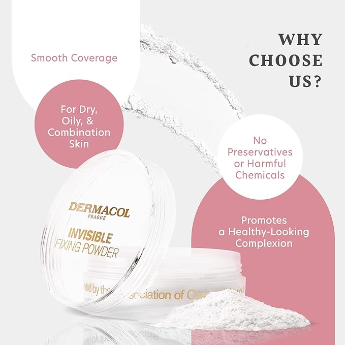 Dermacol - Invisible Fixing Face Powder, Touch-proof Translucent Setting Powder for Oily Skin & Other Skin Types, Loose Powder Makeup, Frangrance-Free Matte Powder with Powder Puff, White, 13.5 g