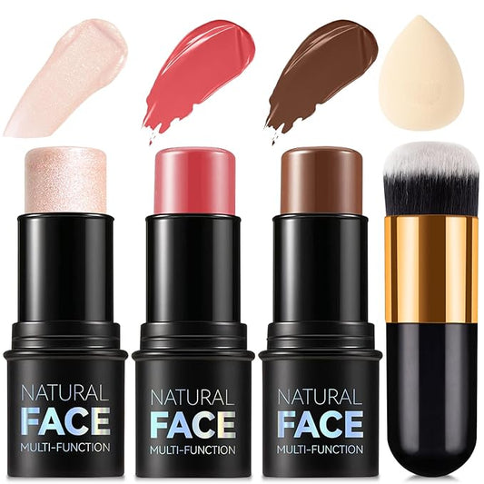3 Pcs Contour Stick, Highlighter Stick, Blush Stick, Cream Contour Kit with Contour Brush, Create Face Contour, Non-greasy, Waterproof Long-lasting Effect for Women (2+5+6,LIGHT MEDIUM)