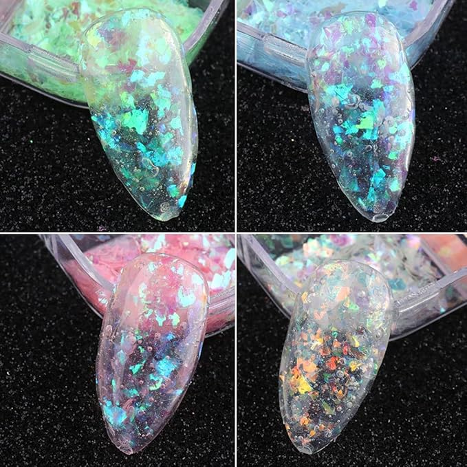 12 Colors Holographic Nail Art Glitter Sequins Aurora Holographic Mermaid Nail Glitter Flash Ice Residue Nail Glitter Sequin Chameleon Flakes Set Fluorescent Glass Paper for Face Body DIY Decoration
