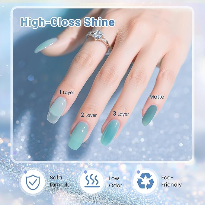 JODSONE 10ml 6 Colors Jelly Gel Nail Polish Set Ocean Blue Turquoise Gel Polish with Crystal Long Lasting All Seasons Need U V Lamp