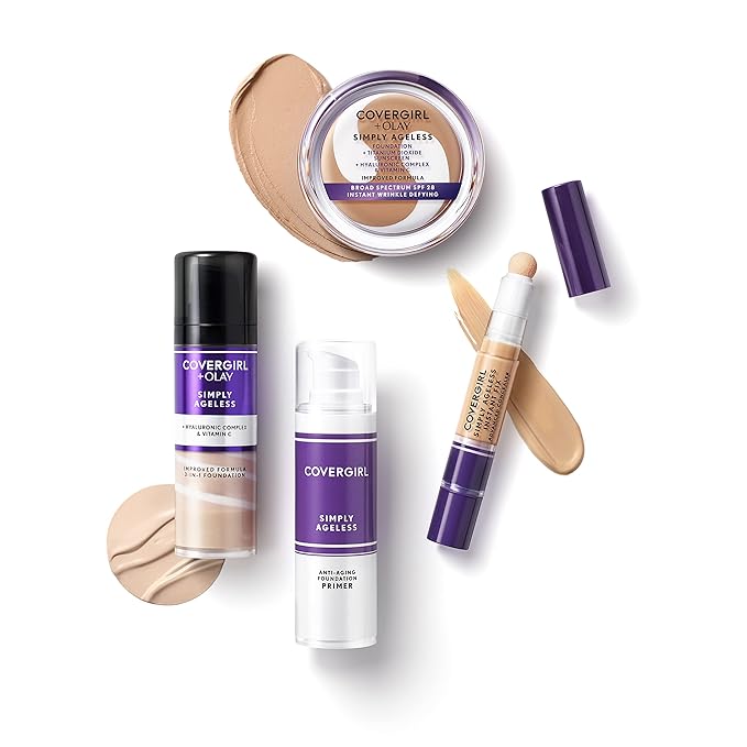 Covergirl + Olay Simply Ageless 3-in-1 Liquid Foundation, Creamy Natural & & Olay Simply Ageless Instant Wrinkle-Defying Foundation, Creamy Natural 0.44 Fl Oz