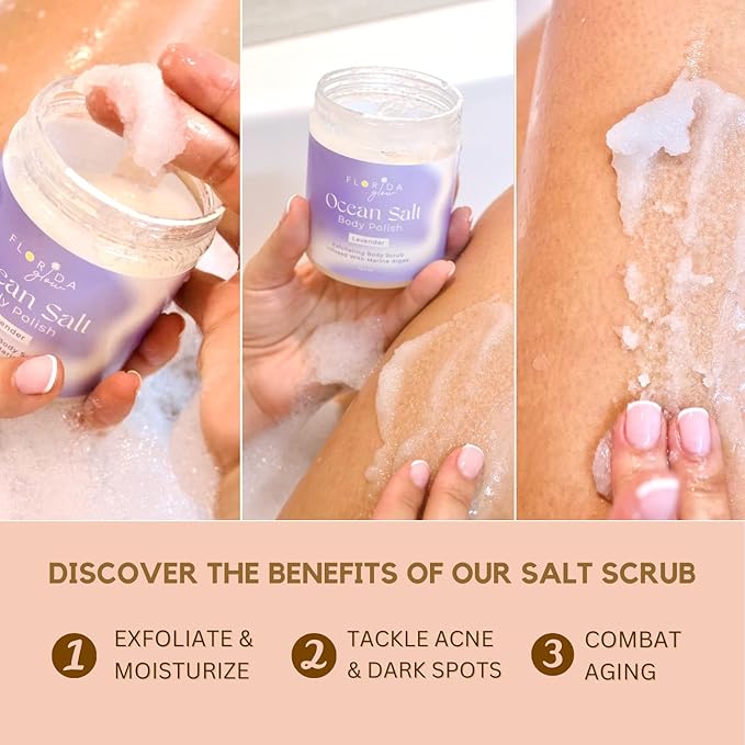 Sea Salt Body Scrub by Florida Suncare - Ocean Salt Body Polish Infused with Marine Algae - Exfoliating Face and Body Scrub - Facial Scrub Exfoliator to Tackle Acne (Coconut Mango, 12.1 oz)