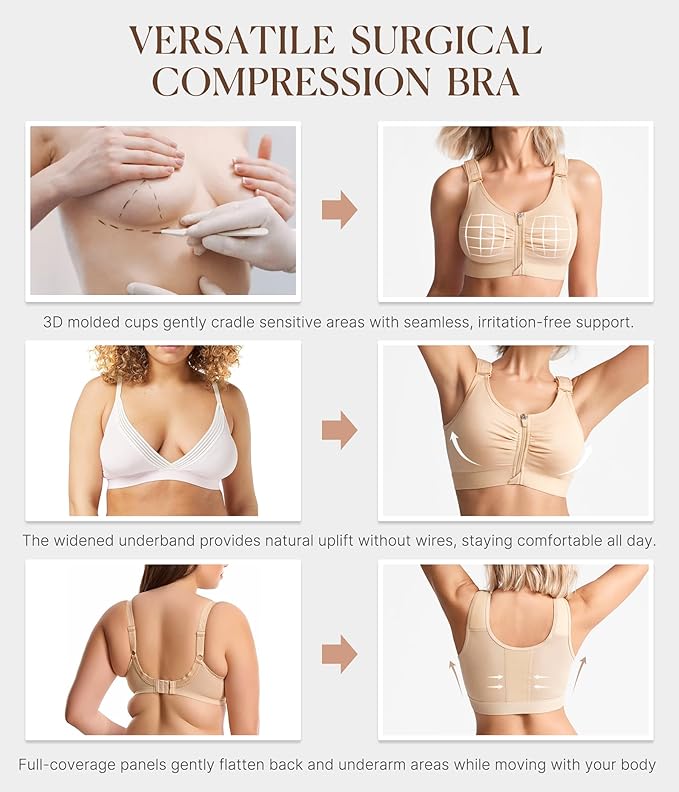 BRABIC Zip Front Closure Everyday Bra for Women Post Surgery Compression Support with Adjustable Straps Wirefree