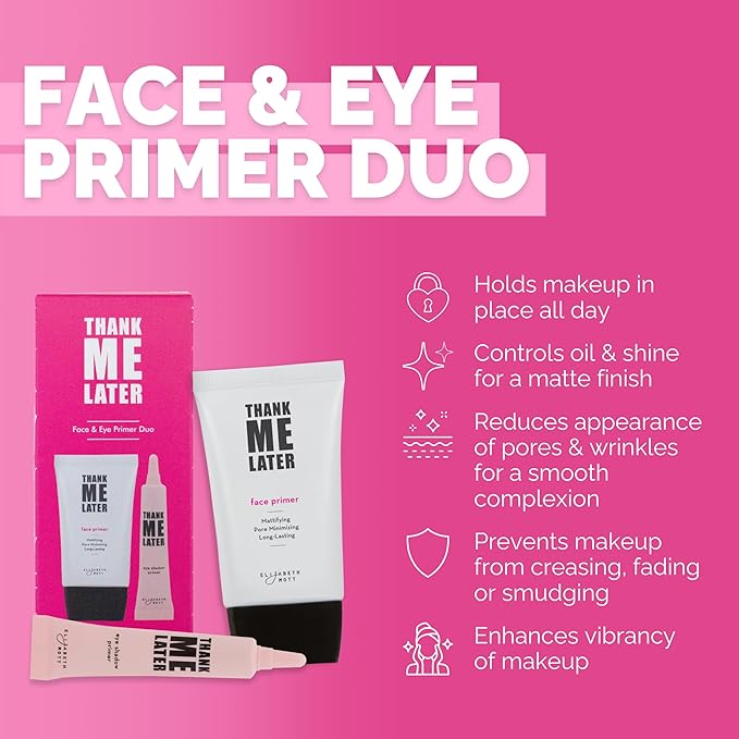 Elizabeth Mott Thank Me Later Face & Eye Primer – Long-Lasting Matte Makeup Base, Pore Minimizer, Oil & Shine Control, Wrinkle Blurring, Crease Prevention, Smooth Finish for All-Day Wear – 10g & 30g