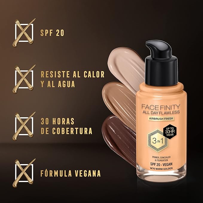 Max Factor Facefinity 3-in-1 All Day Flawless Liquid Foundation, SPF 20-76 Warm Golden, 30 ml