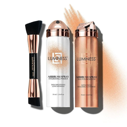 LUMINESS Airbrush Spray Silk Foundation Starter Kit - Medium - Foundation, Primer & Dual-Sided Angled Buffing Brush - Medium, Buildable Coverage, Anti-Aging Formula Hydrates & Moisturizes