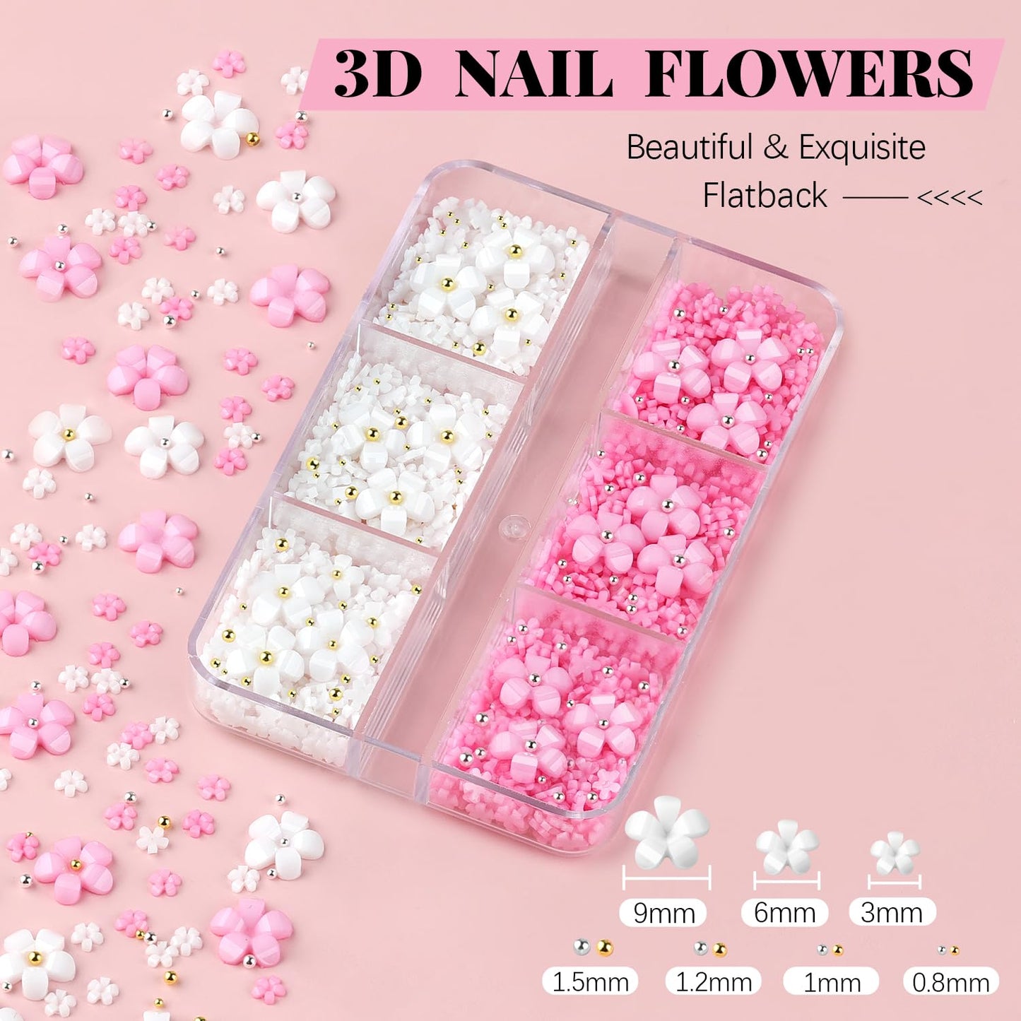 3D Flowers, Manicure Kit with Gel Glue, White Pink Acrylic Flower Nail Charms with Caviar Beads, Rhinestones + Gem Glue for Nails (UV/LED Needed) with Dotting & Pickup Tools