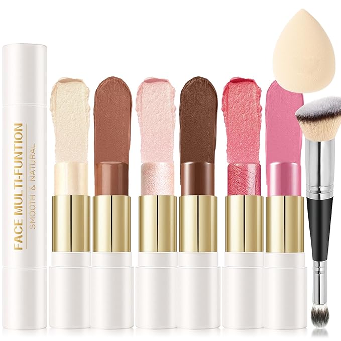 6 Colors Cream Contour Stick Makeup Contour Kit,Double-ended Cream Bronzer Stick for Sculpt, Highlighter Stick,Cream Blush Stick,Lightweight Contour Makeup Kit, Matte & Dewy Finish (SET B)