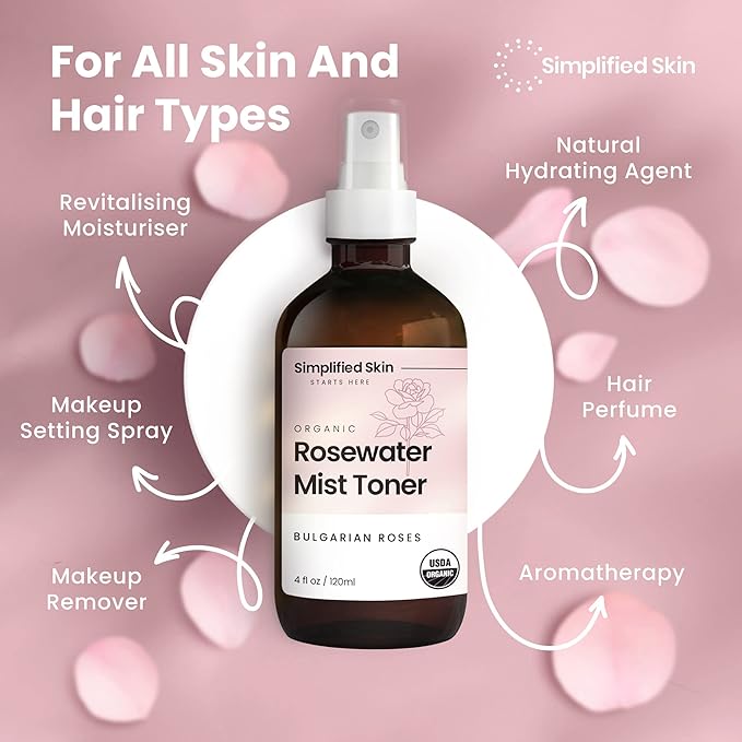 Rose Water Spray for Face & Hair - Organic USDA Certified Rosewater Facial Toner - Alcohol-Free Makeup Setting Hydrating Face Mist - Anti-Aging Toner Spray - 4 Oz