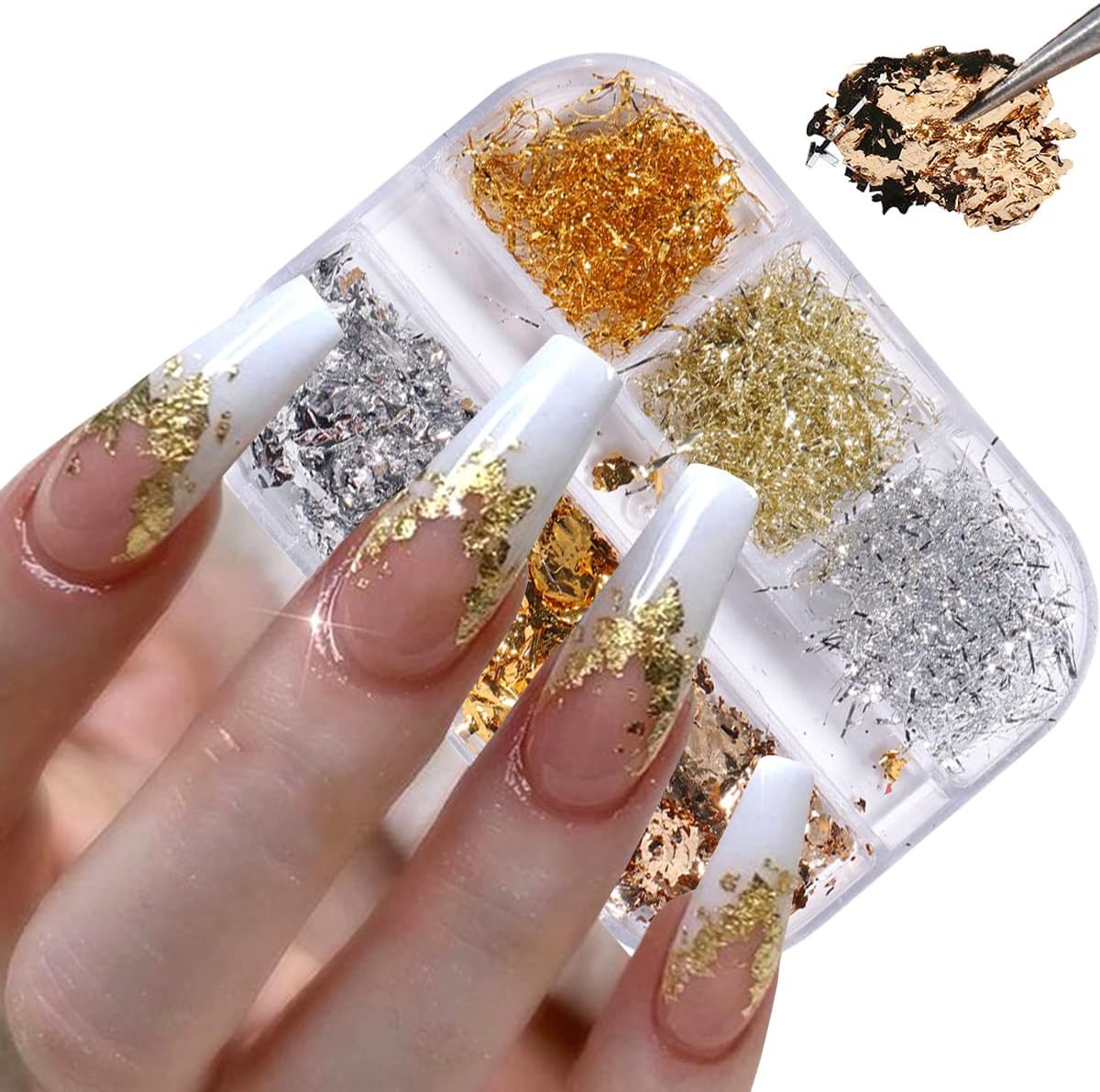 Holographic Nail Foil Flakes 3D Sparkly Aluminum Foil Glitter Sequins Nail Art Supplies Gold Silver Nail Art Foil Glitter Paillettes Line Strip Nail Glitter Flakes for Acrylic Nails Design (6 Grids)