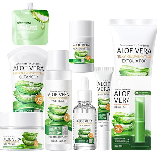 9Pcs Skin Care Products Set, Skin Care Gift Set for Women Girls, Aloe Vera Skin Care Sets, Face Care Kit with Cleanser, Clay Mask, Toner, Serum, Lip Balm, Eye Cream, Moisturizer, Hand Lotion