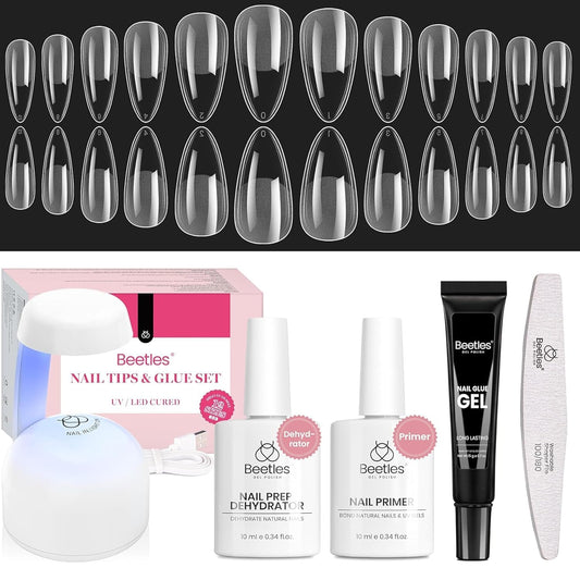 Beetles Gel Nail Kit Medium Almond with Nail Dehydrator and Primer, 576Pcs Half Matte Etch-X Gel Nail Tips Solid Nail Glue Mini Nail Lamp Acrylic Nail Tips Easy DIY Nail Extension Set Gift for Women