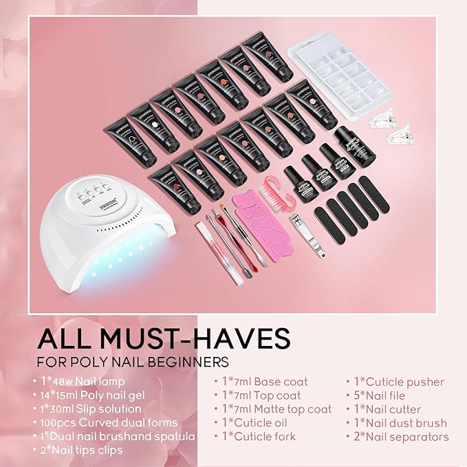 JEWHITENY 14 Colors Poly Extension Gel Nail Kit With U V Lamp Nude Pink White Brown All In One Poly Gel Starter Kit With Base Top Coat Manicure Salon Frence Nail Art DIY
