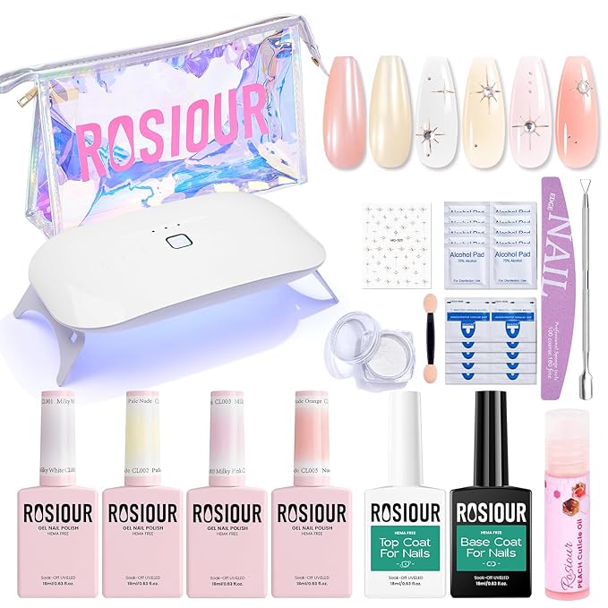 Jelly Gel Nail Polish Kit with U V Light, Hema-Free Milky Jelly White Pink Nude Orange Gel Polish Set with Base & Top Coat Chrome Nail Powder, 4 Colors Mini Salon Nail Art Starter Gift for Women Girl