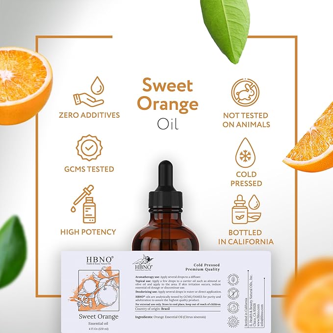 HBNO California Bottled Orange Essential Oil 4 fl oz (120ml) Value Size - Natural Orange Oil, Cold Pressed - Perfect for Cleaning, Aromatherapy, DIY, Soap & Diffuser