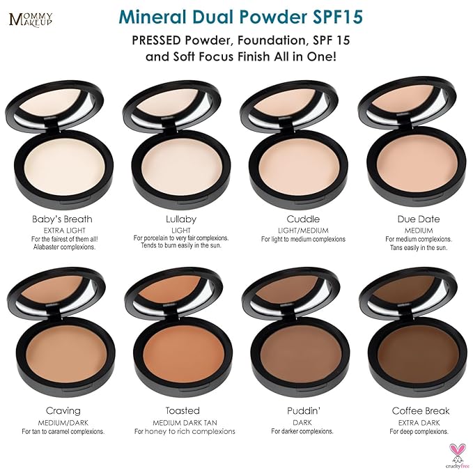 Mineral Dual Powder in Lullaby (Light) | 4-in-1 Pressed Mineral Foundation with SPF 15 for Flawless Glow & Soft Looking Skin | Oil Free, Talc Free, Gluten Free | 0.45 Oz | by Mommy Makeup