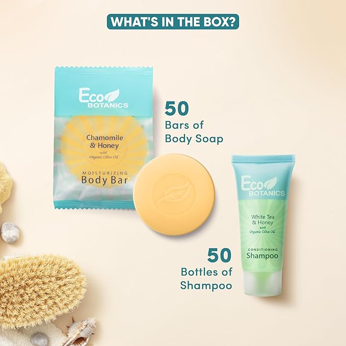 Eco Botanics Hotel Soaps and Toiletries Bulk Set | 1-Shoppe All-In-Kit Amenities for Hotels & Airbnb | 0.85 Conditioning Shampoo & oz Bar Soap Travel Size | 100 pieces