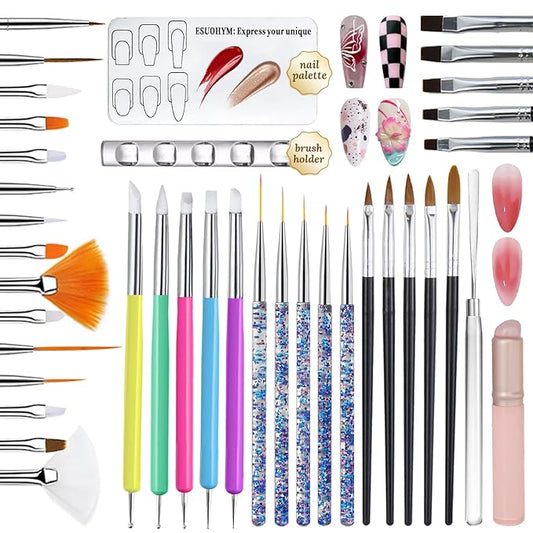 39 PCS Nail Art Brushes Set,Nail Art 3D Sculpting Pen Dotting Tools,Ombre Silicone Brush,Liner Brushes,Acrylic Brushes,Nail Art Palette with Gel Mixing Rod,Nail Design Kit for Home Diy & Salon
