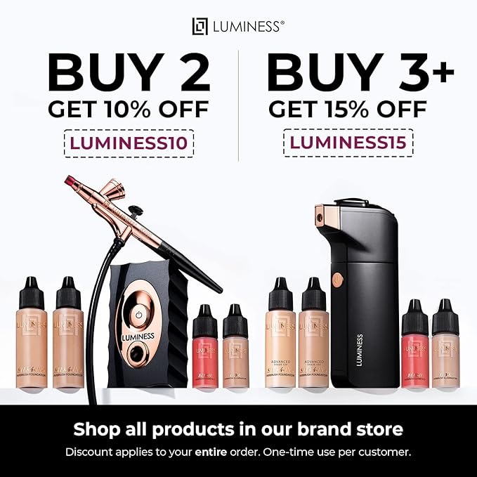 LUMINESS Silk Airbrush Spray Foundation & Buffing Brush Kit – Full Coverage Foundation & Dual-Sided Buffing Brush - Buildable Coverage, Anti-Aging Formula Hydrates & Moisturizes (Shade - Rich Dark)