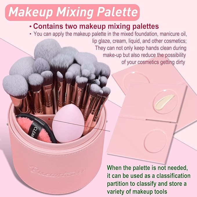 Bueart Design Labeled 30Pcs Professional Deluxe Makeup Brushes set with Extra large holder case for Foundation Face Blending Blush Concealers Eyeshadow